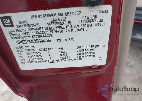 2003 Chevrolet Tahoe Ls из США, поврежденный, VIN 1GNEC13Z53R308205